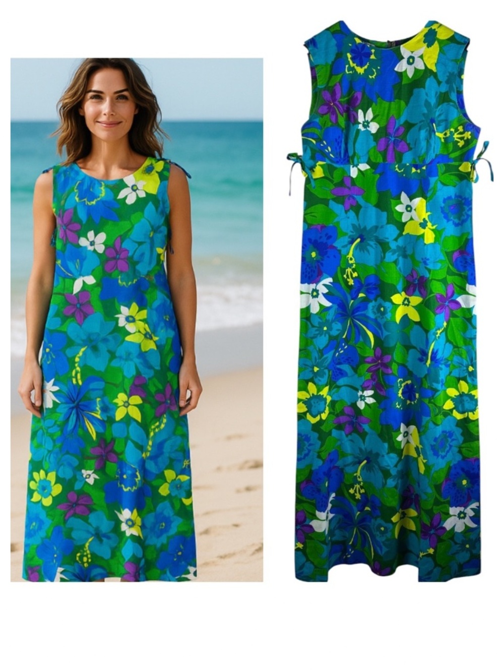 Vtg 60s BJ's Fashions Hawaiian Maxi Dress Barkcloth Slvlss Blue Green XS Small